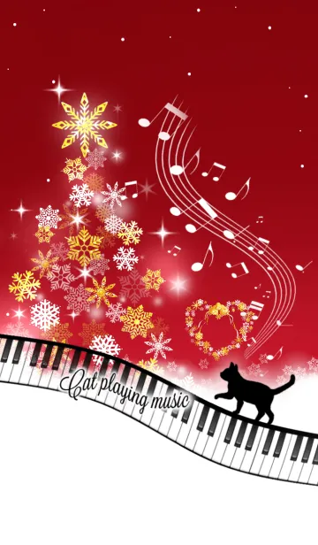 [LINE着せ替え] Cat Playing Music Piano X'mas Red Ver.の画像1