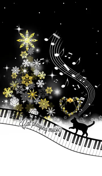 [LINE着せ替え] Cat Playing Music Piano X'mas Black Ver.の画像1