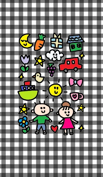 [LINE着せ替え] かわいい男の子と女の子（黒チェック）の画像1