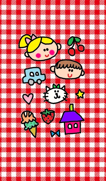 [LINE着せ替え] こどもたち 赤チェックの画像1